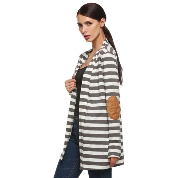 Gray & White Striped Cardigan with Elbow Patches - Picture 4 of 15